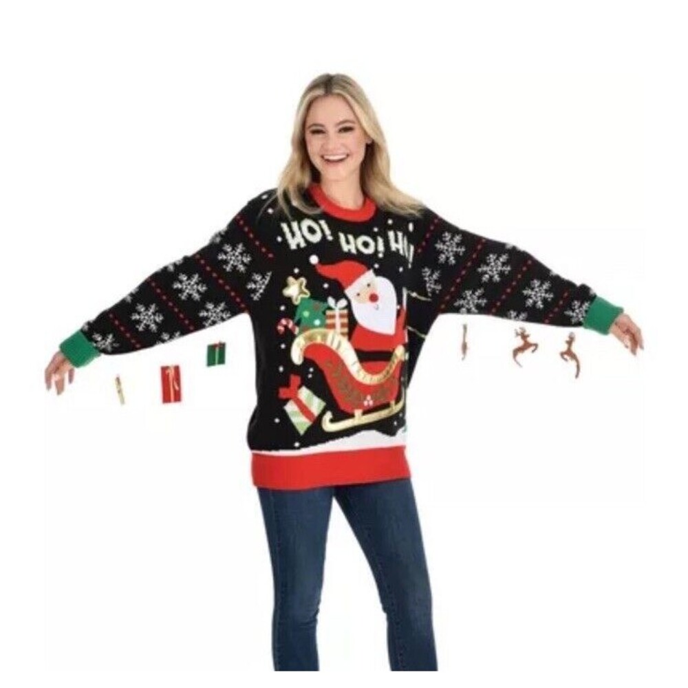 Santa Reindeer Ugly Christmas Sweater Party Women's L/XL Oversized Hanging Bells